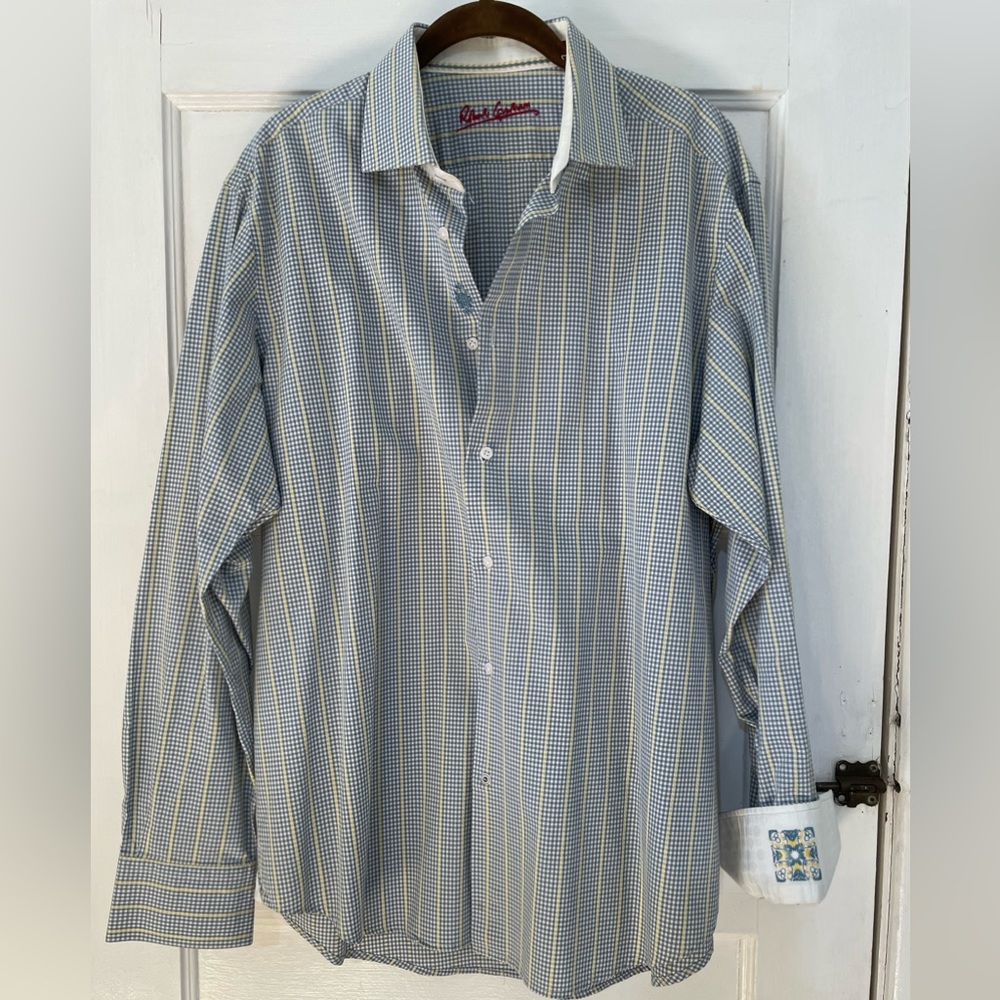 COPY - Robert Graham blue, yellow, white multicolor dress shirt. Size XL classi…